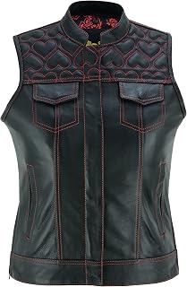 Leatherick Women's Cowhide Leather Vests – with Side Zippers & Paisley Lining Red Heart Stitching