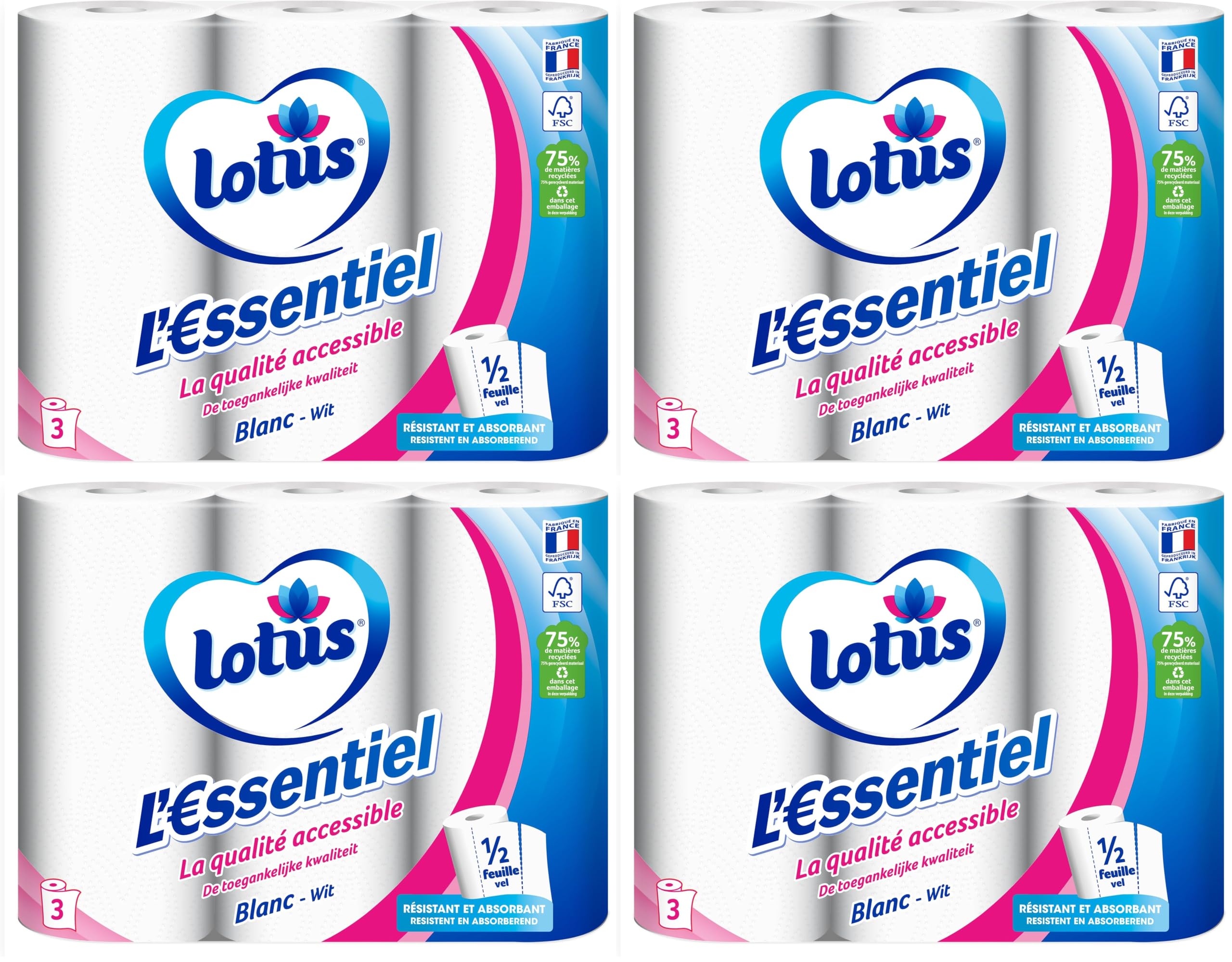 Lotus L'Essentiel Paper Towels - 3 Rolls (Pack of 4)