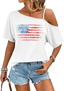 PECHAR 4th of July シャツ レディース USA 愛国的 オフショルダー Tシャツ アメリカ国旗 スパゲッティストラップ Tシャツ ルーズフィット トップス
