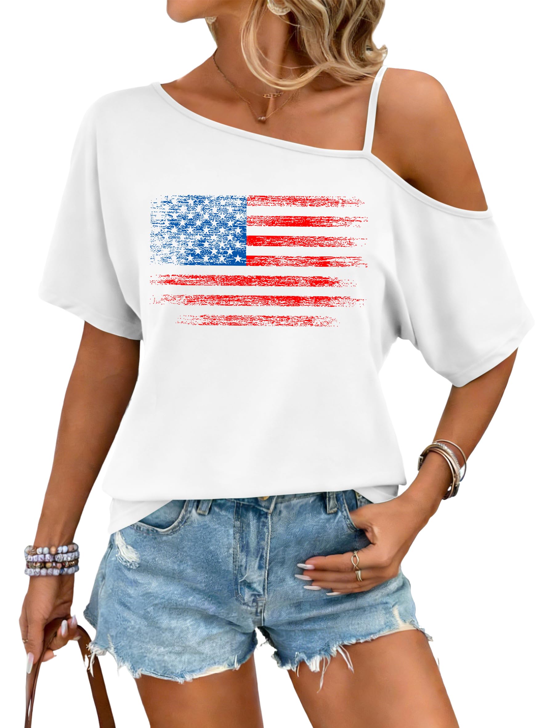 PECHAR 4th of July シャツ レディース USA 愛国的 オフショルダー Tシャツ アメリカ国旗 スパゲッティストラップ Tシャツ ルーズフィッ
