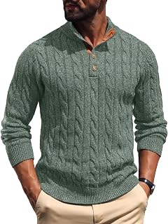 Askdeer Men's Cable Knit Sweater Long Sleeve Stand Collar Casual Vintage Pullover Button Knitted Sweaters