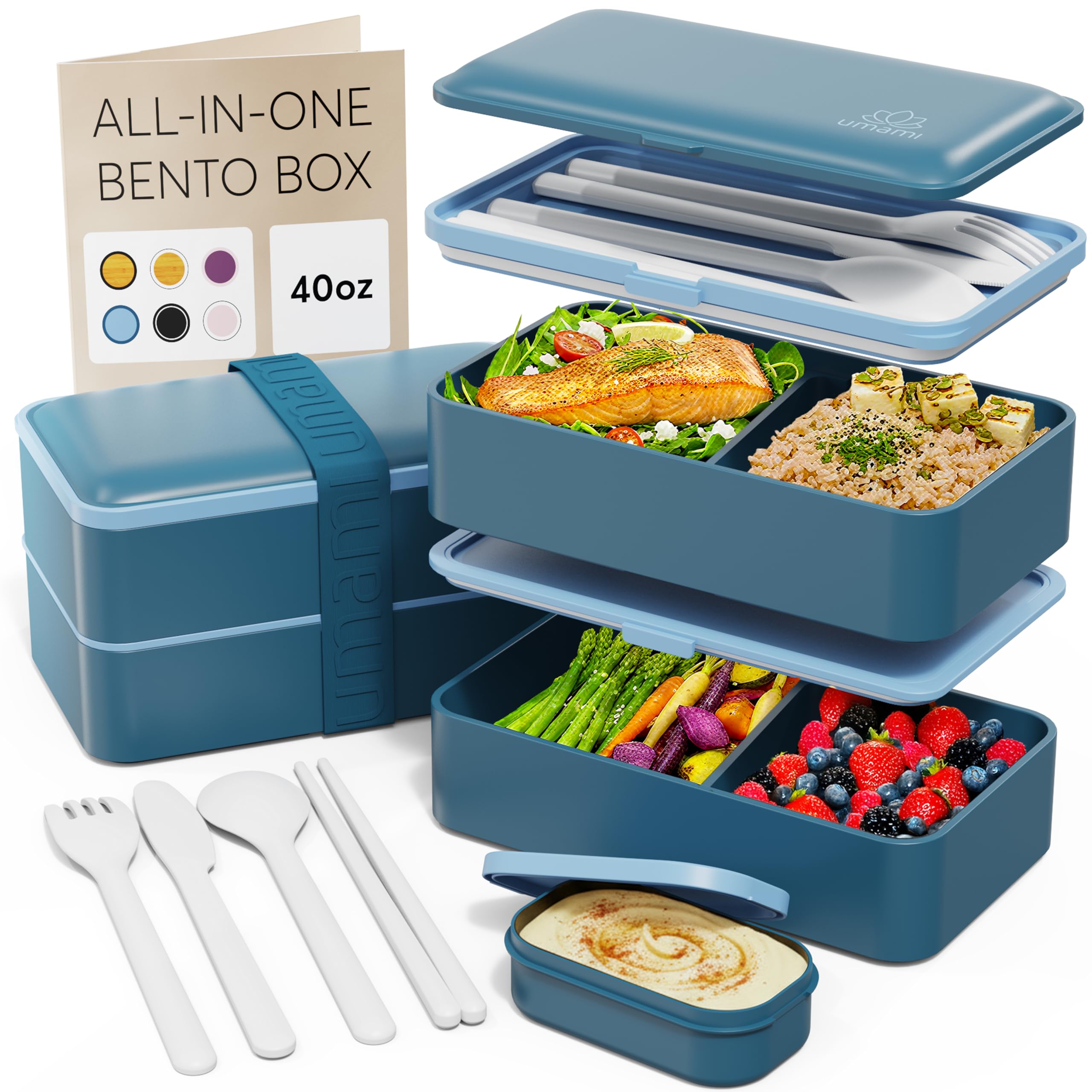 Umami Bento Box Adult All-in-1 w/ 4 Utensils, 100% Leakproof, Dishwasher & Micro