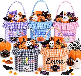 Dyoart Personalized Halloween Basket for Kids, Custom Trick or Treat Bucket | Cotton Rope Name Halloween Candy Bag with Handles, Reusable Goody Gingham Bucket, Gifts for Halloween Party Decorations
