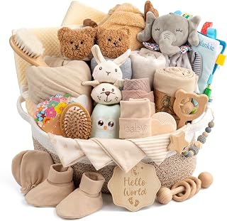 32 Piece Baby Gift Basket – Luxury Curated Baby Gift Basket for Newborn | Premium All-in-One Baby Shower Gift Set, Essentials with Keepsakes for First Visit(Khaki Beige)