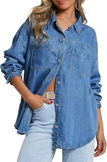 Emmiol Camicia da donna in denim con bottoni, a maniche lunghe, in cotone, leggera, con tasche, casual, da lavoro, camicette