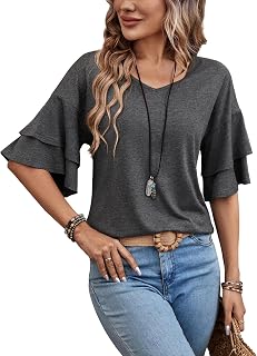 Sialois 3/4 Length Sleeve Tops Womens Blouses Ruffle V Neck Shirts Casual Tunic Spring Fall Clothes