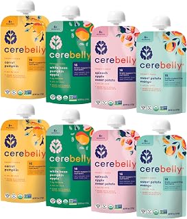 Cerebelly Organic Baby Food Pouches Variety Pack, Veggie & Fruit Purees, 16 Nutrients, No Added Sugar, Fiber & Non-GMO, 4oz, 8 Pack
