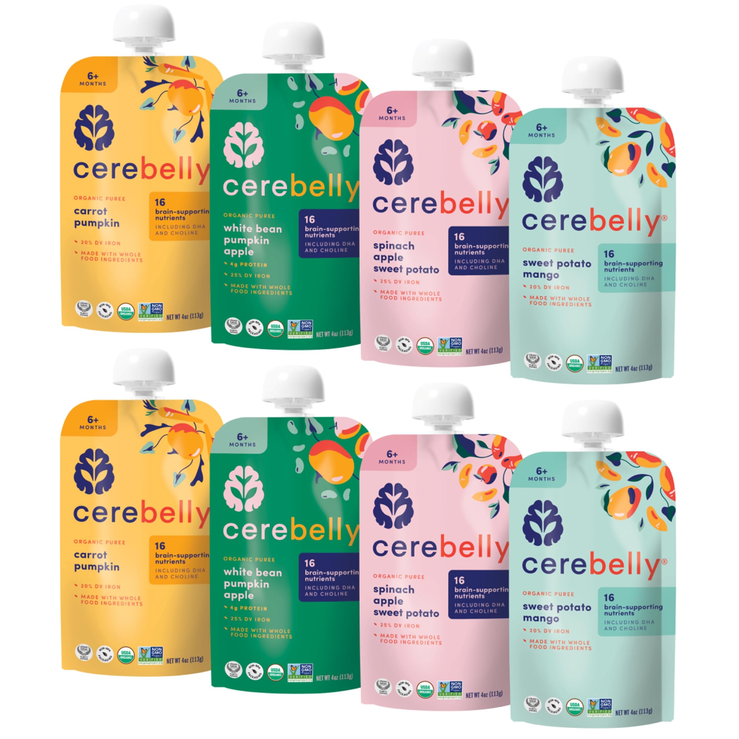 Cerebelly Organic Baby Food Pouches Variety Pack, Veggie & Fruit Purees, 16 Nutr