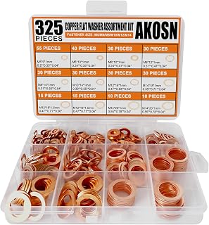 325 PCS Crush Copper Washers Assortment Kit; 10 Size Flat Sealing Copper Washers (M5-M14) for Electronic, Automotive, Motorcycles, Marine and Mechanical Use