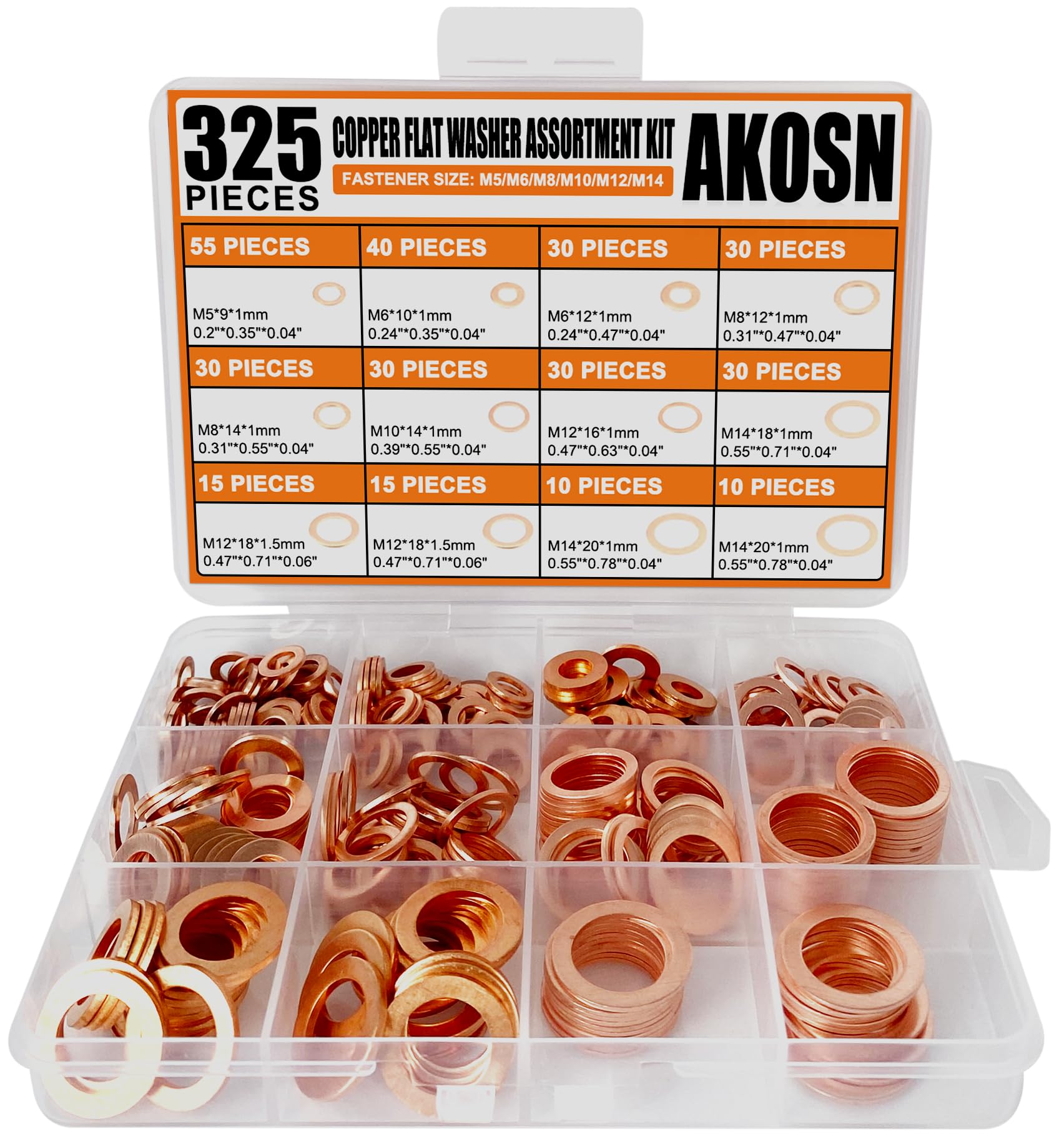 325 PCS Crush Copper Washers Assortment Kit; 10 Size Flat Sealing Copper Washers