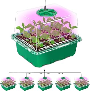 Bonviee Seed Starter Trays with 12-LED Grow Lights, Green, 5 Pack | 5 Seed Starter Kits, 60 Cells, 12-LED Grow Light per Tray, Vented Humidity Domes, Drainage Holes, 1-to-5 USB Cable