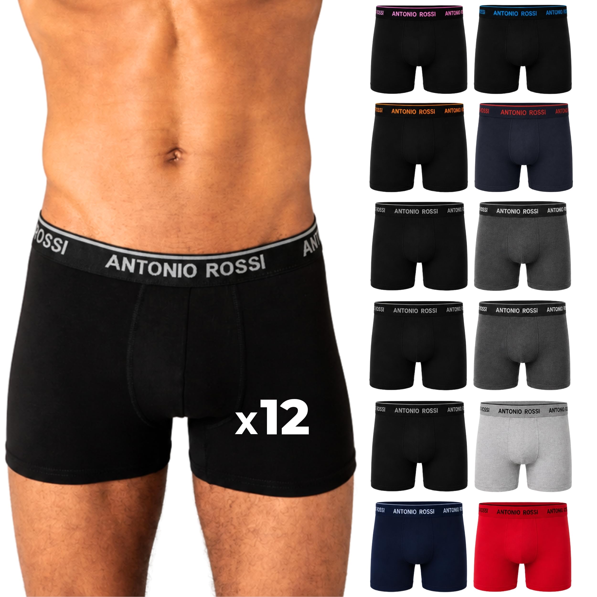 Antonio Rossi Pack of 12 Men's Cotton Stretch Waistband Boxer Shorts