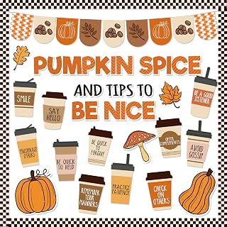 Fall Bulletin Board Decorations Set for Classroom, Autumn Coffee Cup Pumpkin Maple Leaves Paper Cutouts for Thanksgiving Halloween Fall School Classroom Blackboard Door Wall Decor