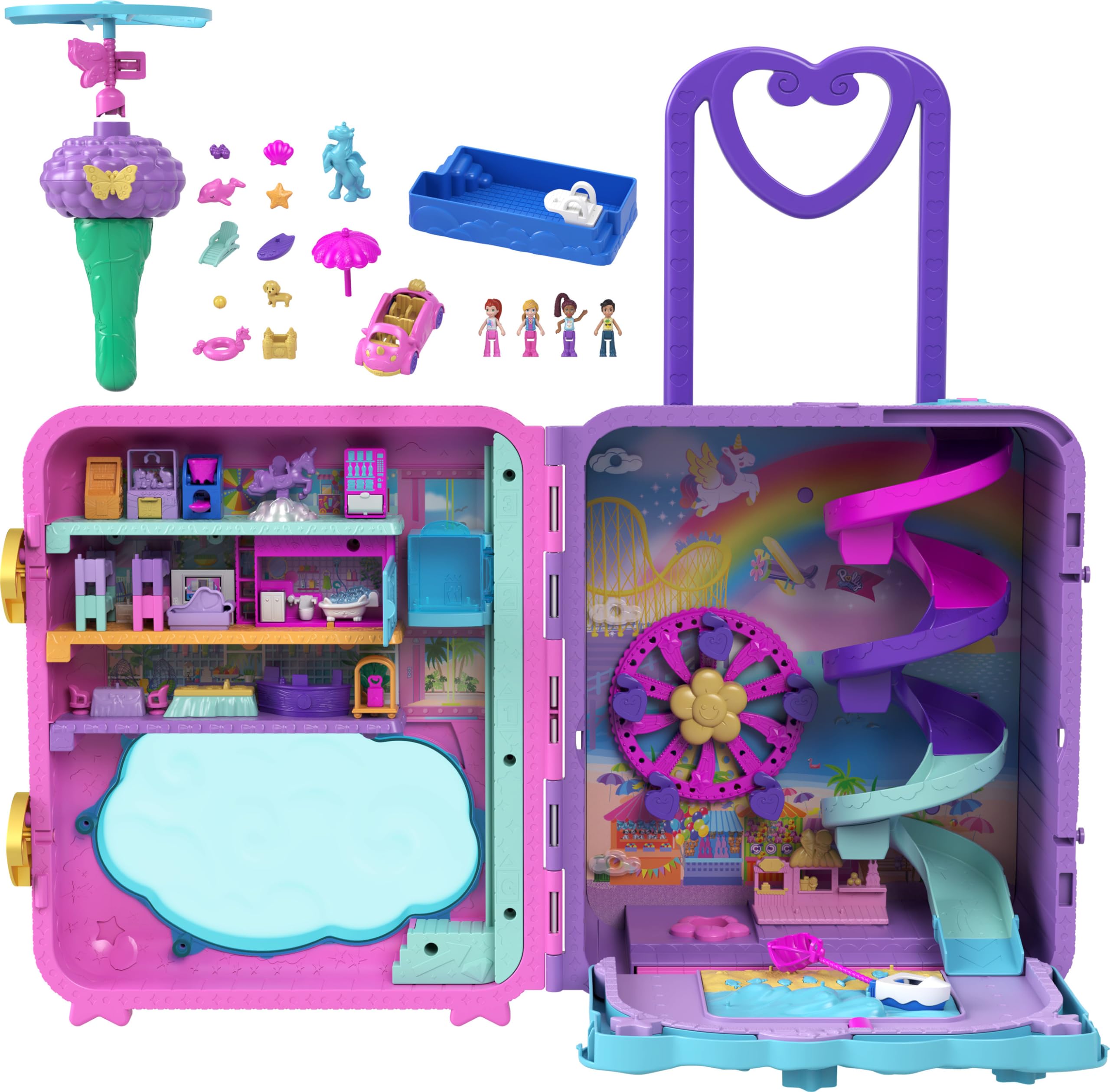 Polly Pocket Resort Roll Away Playset | Large Compact, Travel Toy with 4 Dolls, 