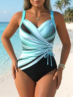 Womens One Piece Swimsuit Tummy Control Slimming High Cut UPF 50+ Quick Dry Swimwear, blue, L