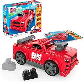 MEGA BLOKS Fisher-Price 3-in-1 Build & Go Race Car Block Toy | 26 Pieces, Rolling Wheels, Pickup Truck and Hot Rod Rebuild, Red, Preschool Kids Ages 3+ Years, Easy to Build, JKG35