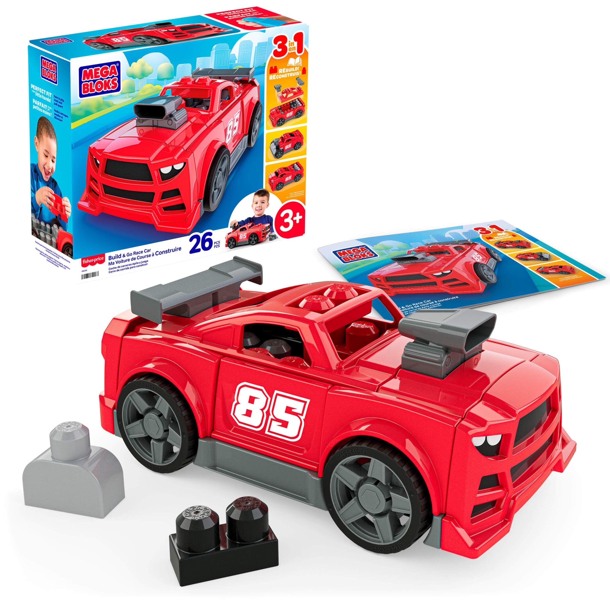MEGA BLOKS Fisher-Price 3-in-1 Build & Go Race Car Block Toy | 26 Pieces, Rollin