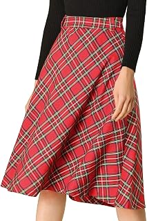 Allegra K Women Vintage Plaid Tartan High Waist Belted A-Line Midi Skirt
