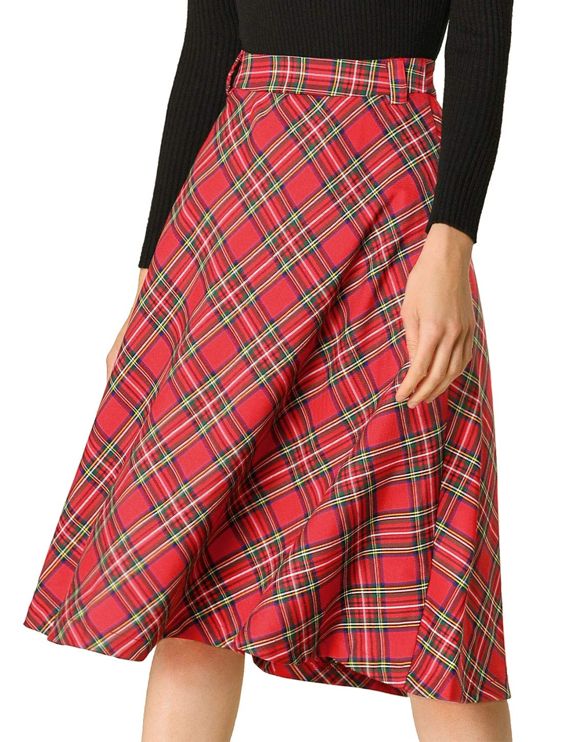 Allegra K Women Vintage Plaid Tartan High Waist Belted A-Line Midi Skirt