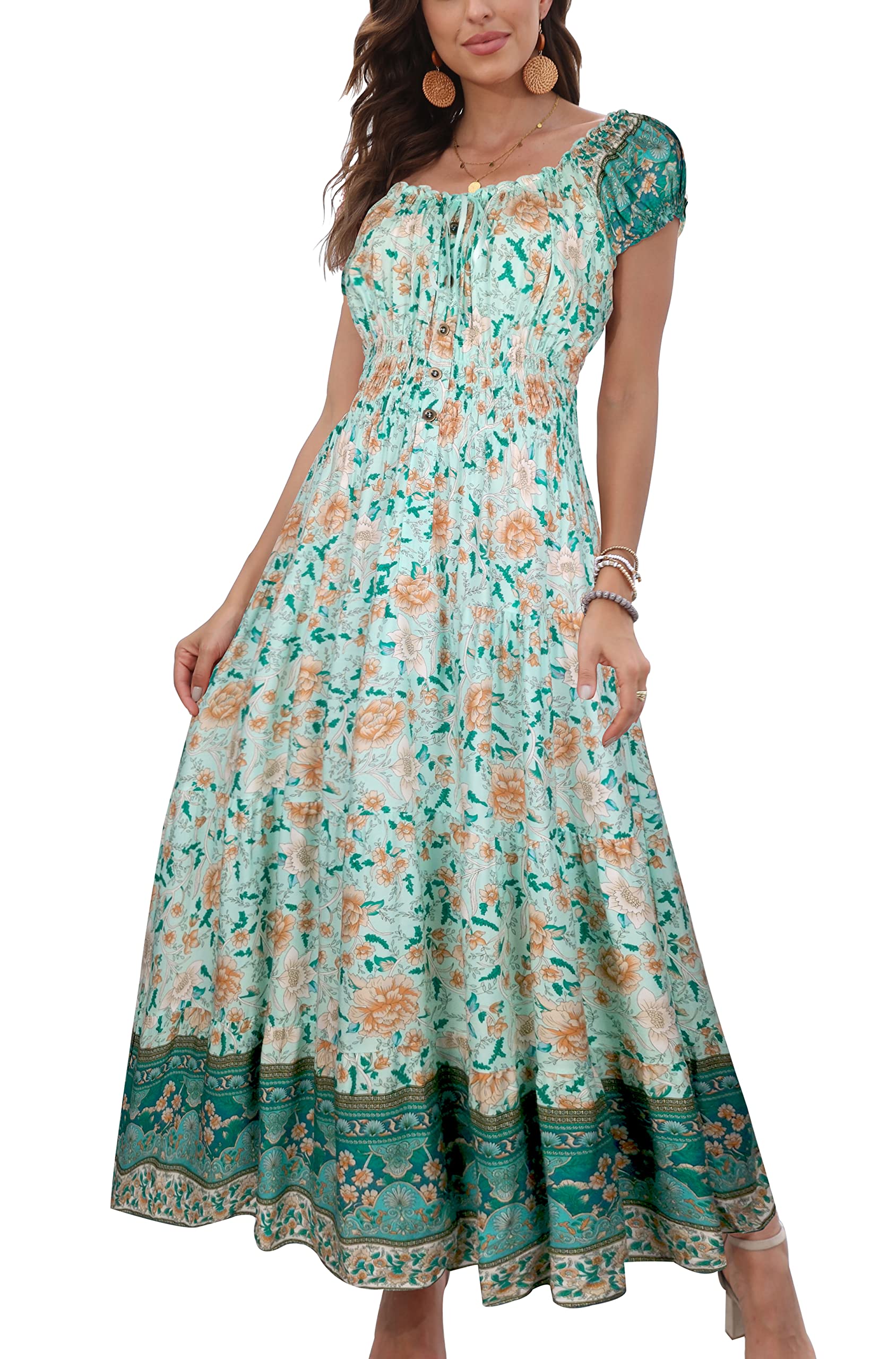 OSTOO Women's 2025 Summer Short Sleeve Boho Floral Tiered Casual Flowy Long Maxi
