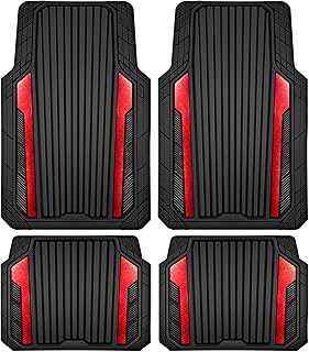 CAR PASS Heavy Duty Rubber Car Mats Metallic, Aluminum Film All Weather Floor Mats Waterproof Universal Trim to Fit Automotive SUV Sedan Van 4 Piece Anodized Deep Dish Two-Tone Sporty Black Red Chrome