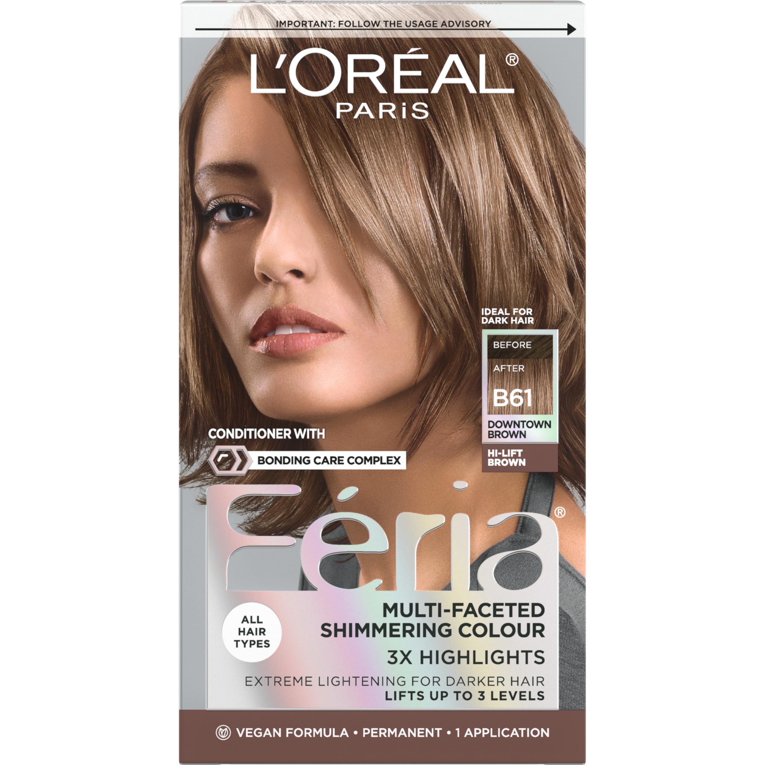 L'Oreal Paris Feria Multi-Faceted Shimmering Permanent Hair Color, B61 Downtown 