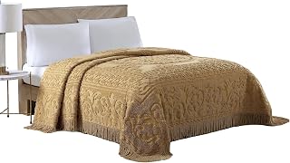 Beatrice Home Fashions Medallion Queen Cotton Chenille Bedspread, Gold | Vintage tufted lightweight soft, cozy plush 100% cotton bedspread with fringed hem and large centered medallion design