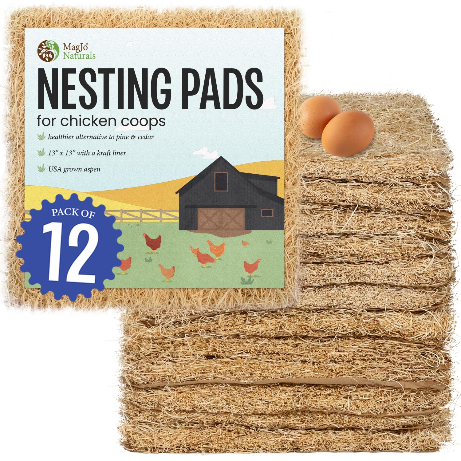 MagJo Aspen Nesting Pads for Chicken Coops - USA Grown Aspen Excelsior Nest Box 