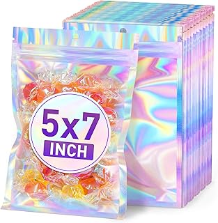 ANZNKU Holographic Bags 5x7 Mylar Bags Resealable 50PCS, Smell Proof Goodie Snack Candy Jewelry Gift Pouches for Small Business Party Favor Bead Storage, Small Plastic Baggies for Halloween Christmas