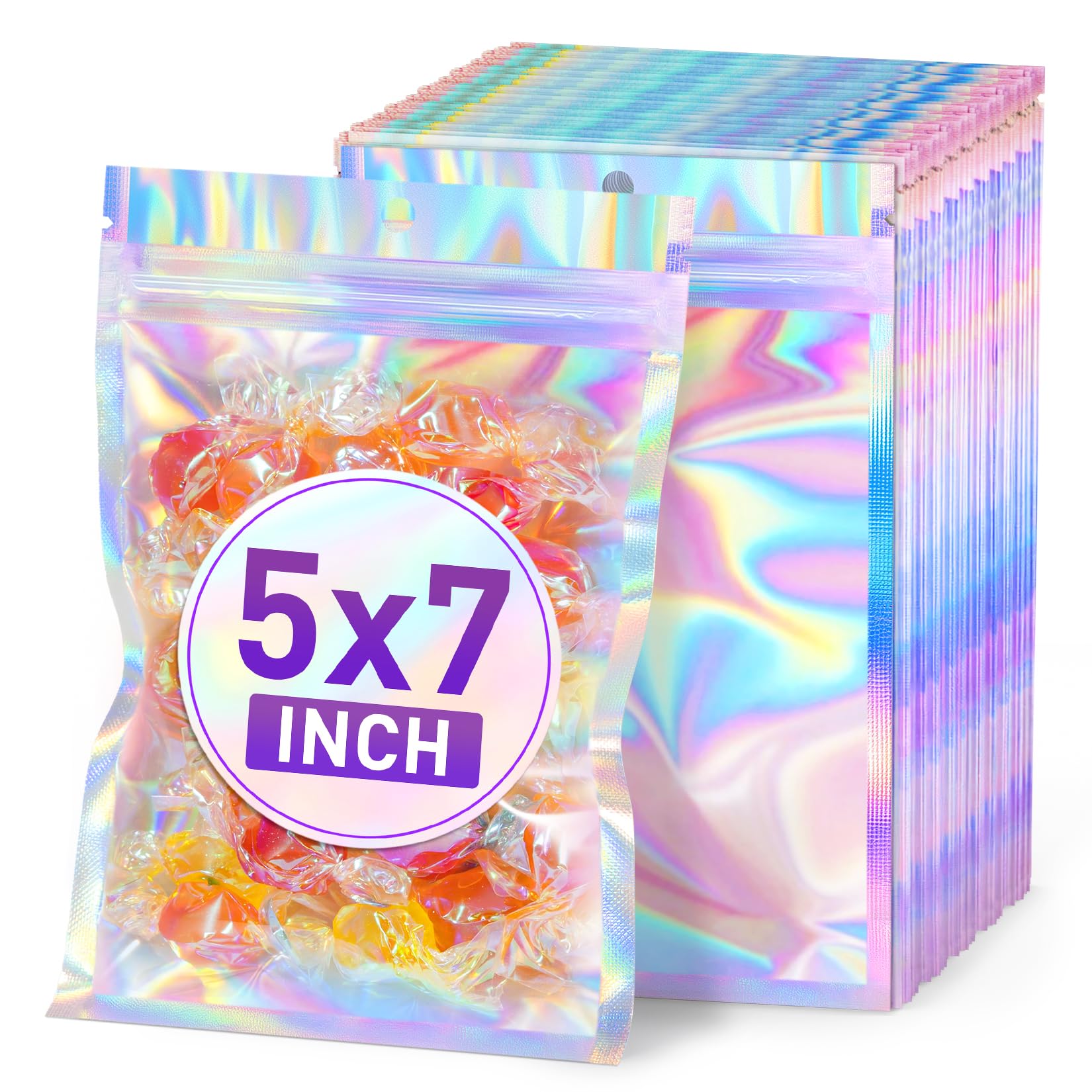 ANZNKU Holographic Bags 5x7 Mylar Bags Resealable 50PCS, Smell Proof Goodie Snac