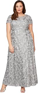 Alex Evenings Plus Size Long A-Line Rosette Dress with Short Sleeves Women's Special Occasion Dress