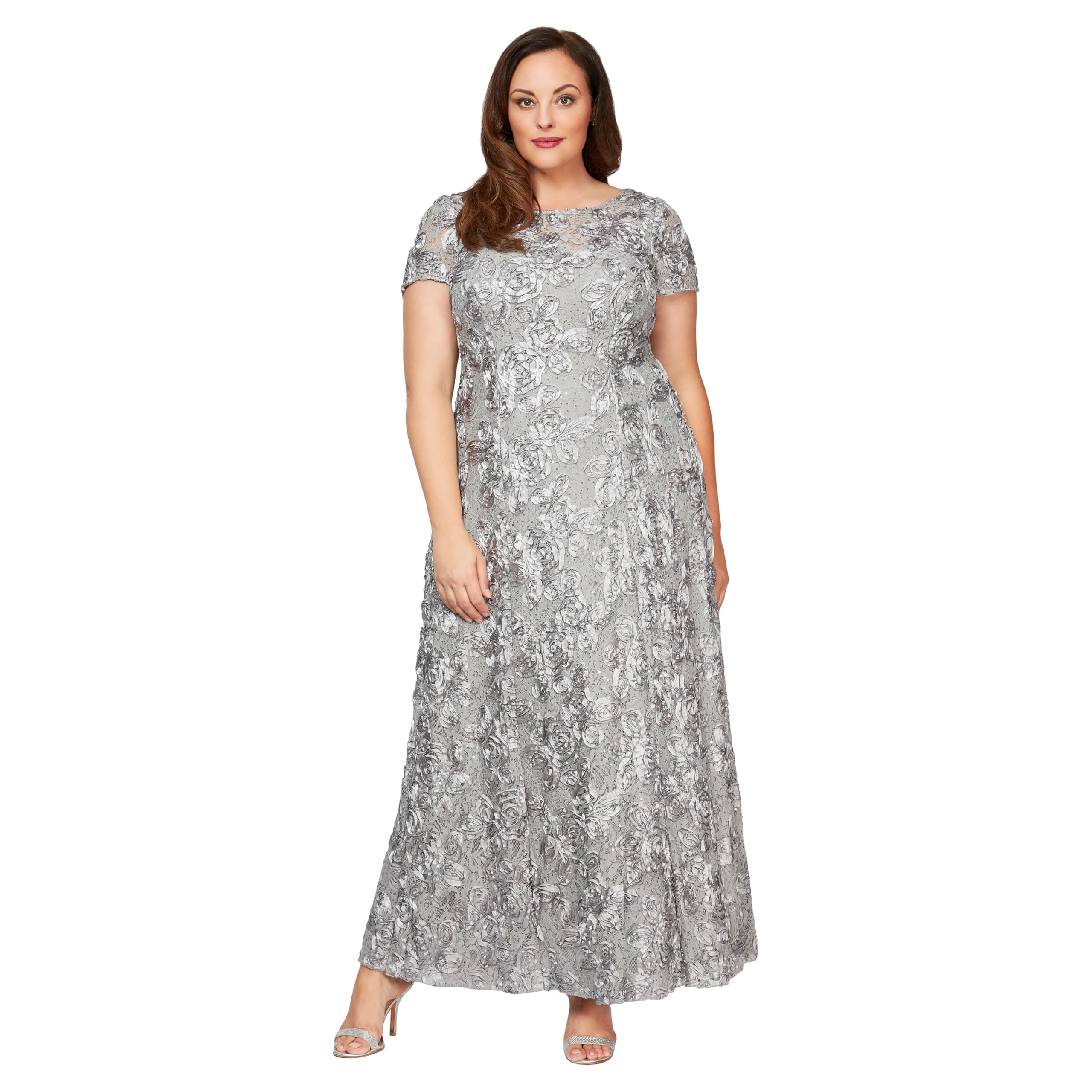 Alex Evenings Plus Size Long A-Line Rosette Dress with Short Sleeves Women's Spe