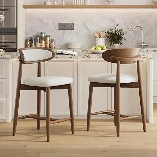 MALOL Wooden Bar Stools Set of 2, 24.8” Counter Height Stools with Rubberwood Legs & Ergonomic Backrest, Modern Fabric Upholstered Kitchen Island Chairs for Dining Room, Beige
