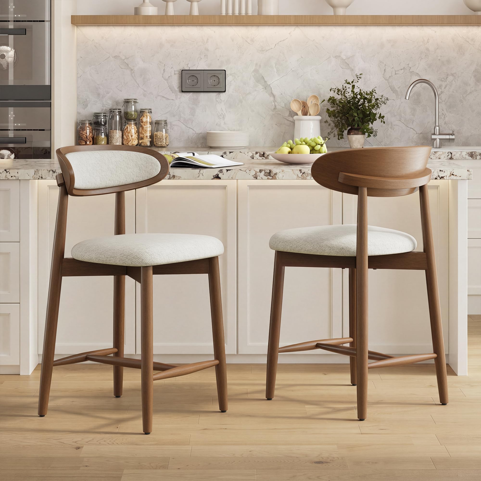 MALOL Wooden Bar Stools Set of 2, 24.8” Counter Height Stools with Rubberwood Le