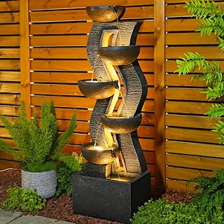 Takamota 52.8 in Modern Geometric Outdoor Water Fountain with LED Lights | Multi-Point Warm Glow,Curved 6-Tier Cascade,Weatherproof Resin, Gentle Water Sound, Tall Garden, Patio & Entryway Accent