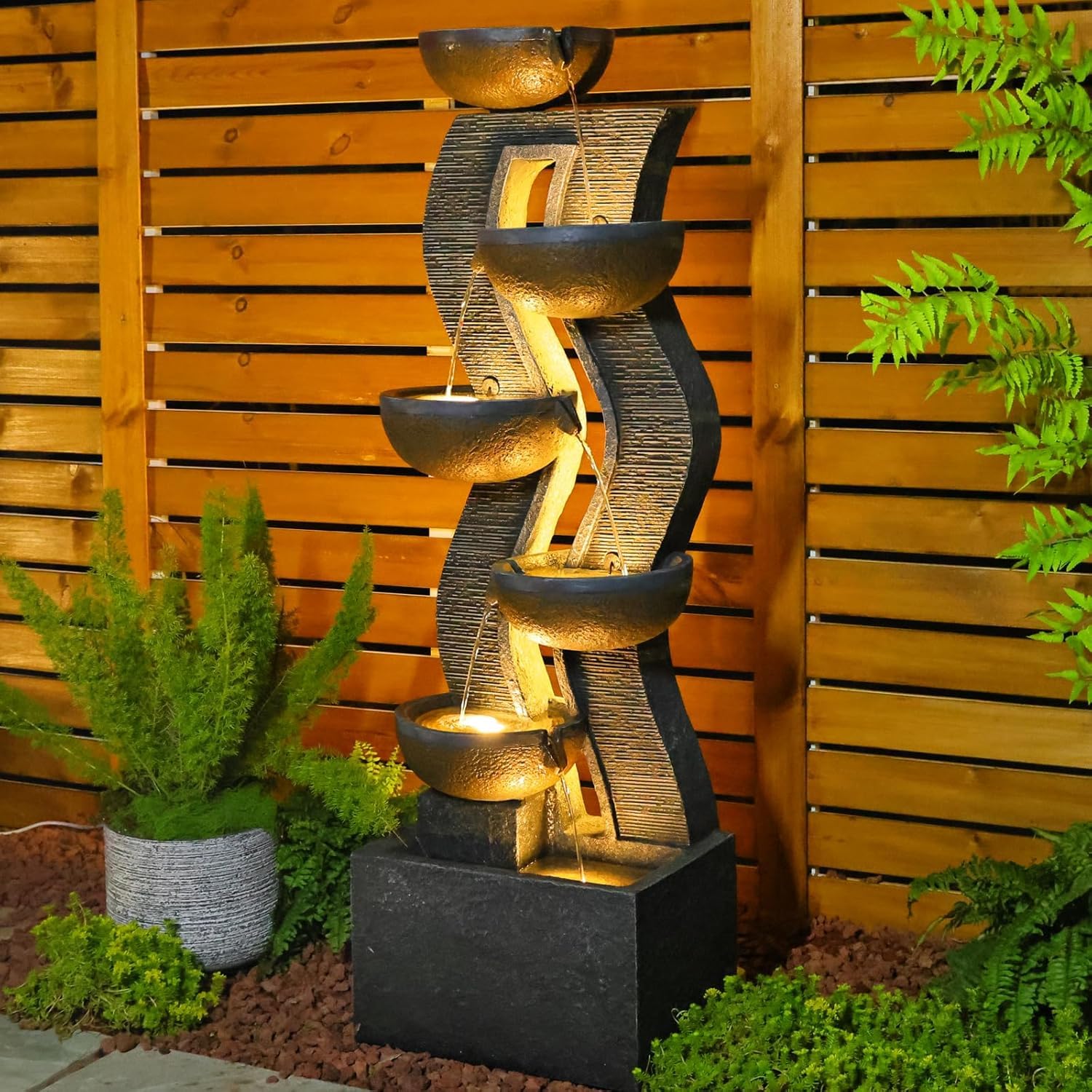 Takamota 52.8 in Modern Geometric Outdoor Water Fountain with LED Lights | Multi