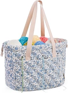 MYBAGZING Portable Crochet Bag Organizer with Crochet Hook Organizer Roll | Quilted Yarn Storage Tote with Grommets, Knitting Project Bag for Yarn & Accessories, Floral Craft Tote Gift for Crocheters