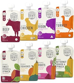 Serenity Kids Organic Baby Food Pouches, 5g Protein, 3.5 Oz, 8 Pack | 6+ Months, Baby Snacks, Toddler Food, Fall Picnics, Bison, Savory Meat & Veggie Recipes, No Added Sweeteners