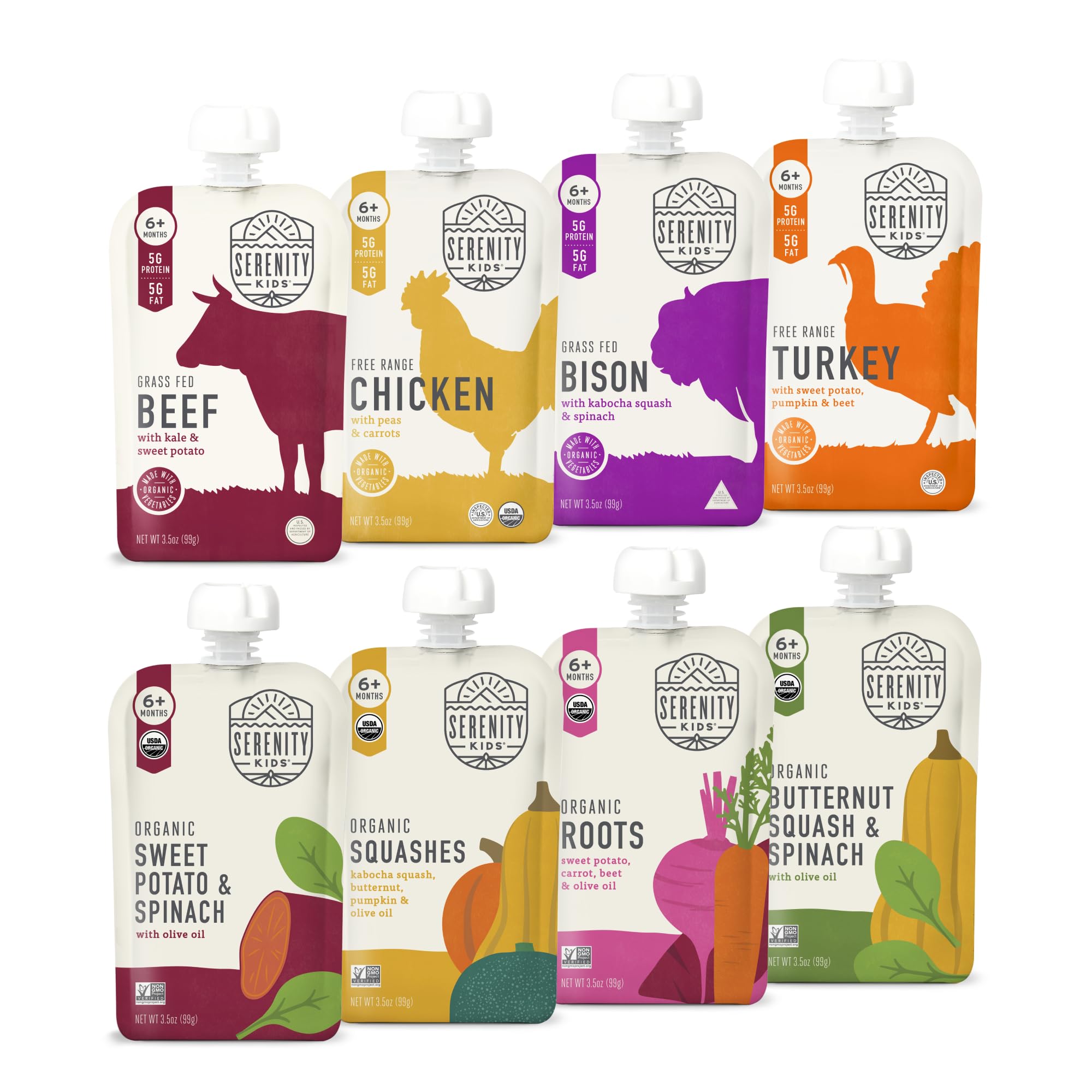 Serenity Kids Organic Baby Food Pouches, 5g Protein, 3.5 Oz, 8 Pack | 6+ Months,