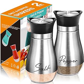 Salt and Pepper Shakers - 4 oz Silver Glass Set with Stainless Steel Lids | Refillable Glass Shakers with Stainless Steel Lids for Cooking, Dining, RV Trips, Camping and BBQs; 4 oz Capacity Each.