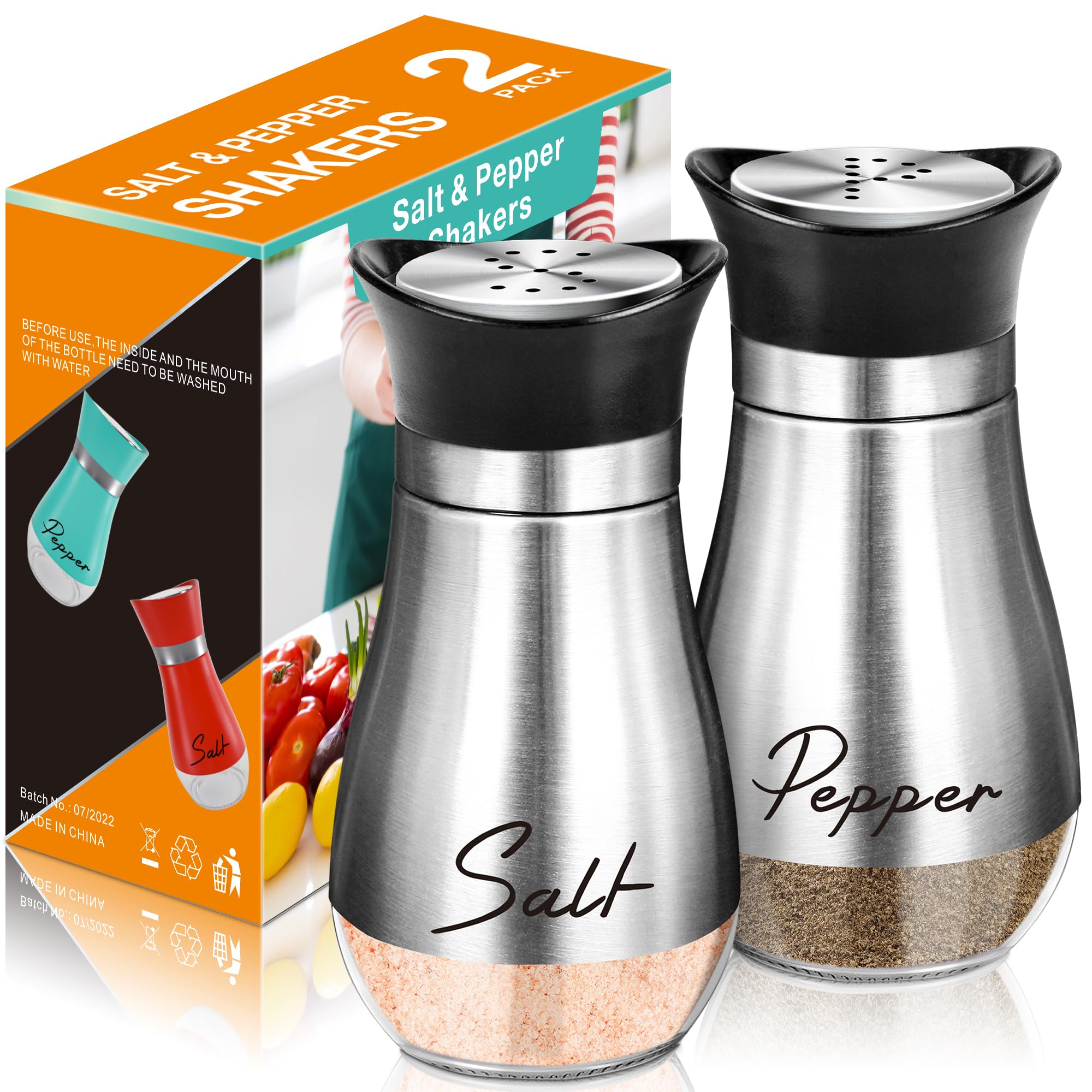 Salt and Pepper Shakers - 4 oz Silver Glass Set with Stainless Steel Lids | Refi