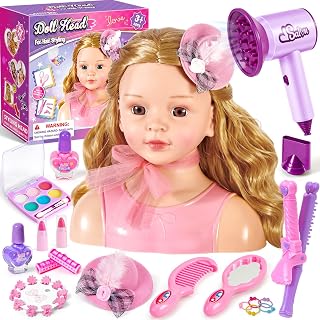 Golray Doll Head for Hair Styling Kids Girls, 30+ PCS Real Washable Makeup Kit&Beauty Salon Pretend Play Set with Hair Dryer, 9" Half Body Princess Doll Toy Birthday Gift for Girl Age 3 4 5 6 7 8 9 10