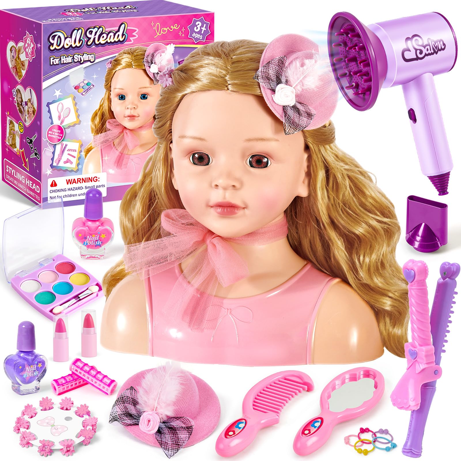 Golray Doll Head for Hair Styling Kids Girls, 30+ PCS Real Washable Makeup Kit&B