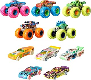 Hot Wheels Toy Monster Trucks Glow-in-the-Dark Collection | Set of 10 1:64 Scale Vehicles, GITD: 5 Trucks & 5 Cars, Toy Trucks for Kids & Collectors, HCB57