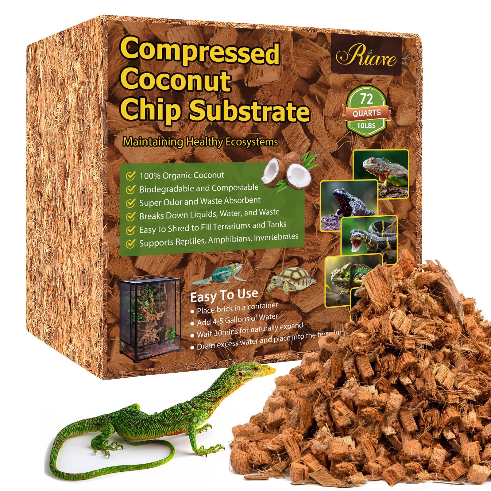 Riare 10LB Coconut Husk Chip for Reptiles, 72 Quart Coconut Fiber Substrate | Co