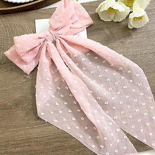 Long Hair Clip with Clear Bow for Women, Soft Pink Ribbon with Flowy Tails for Styling Clothes, Travel, Photo or Daily