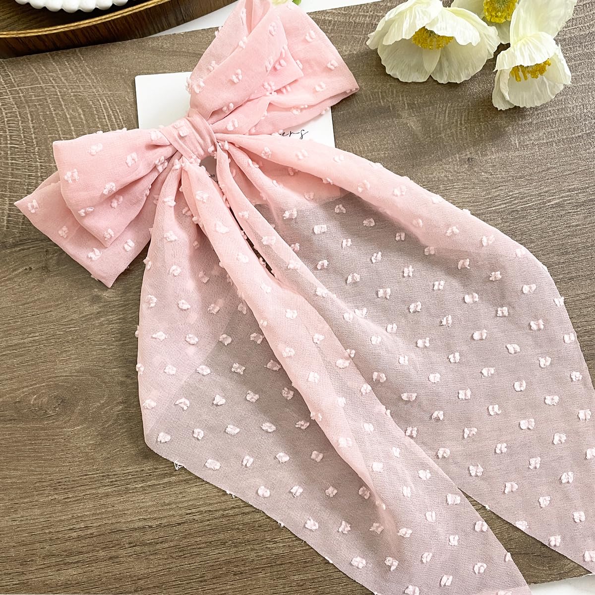 Long Hair Clip with Clear Bow for Women, Soft Pink Ribbon with Flowy Tails for S