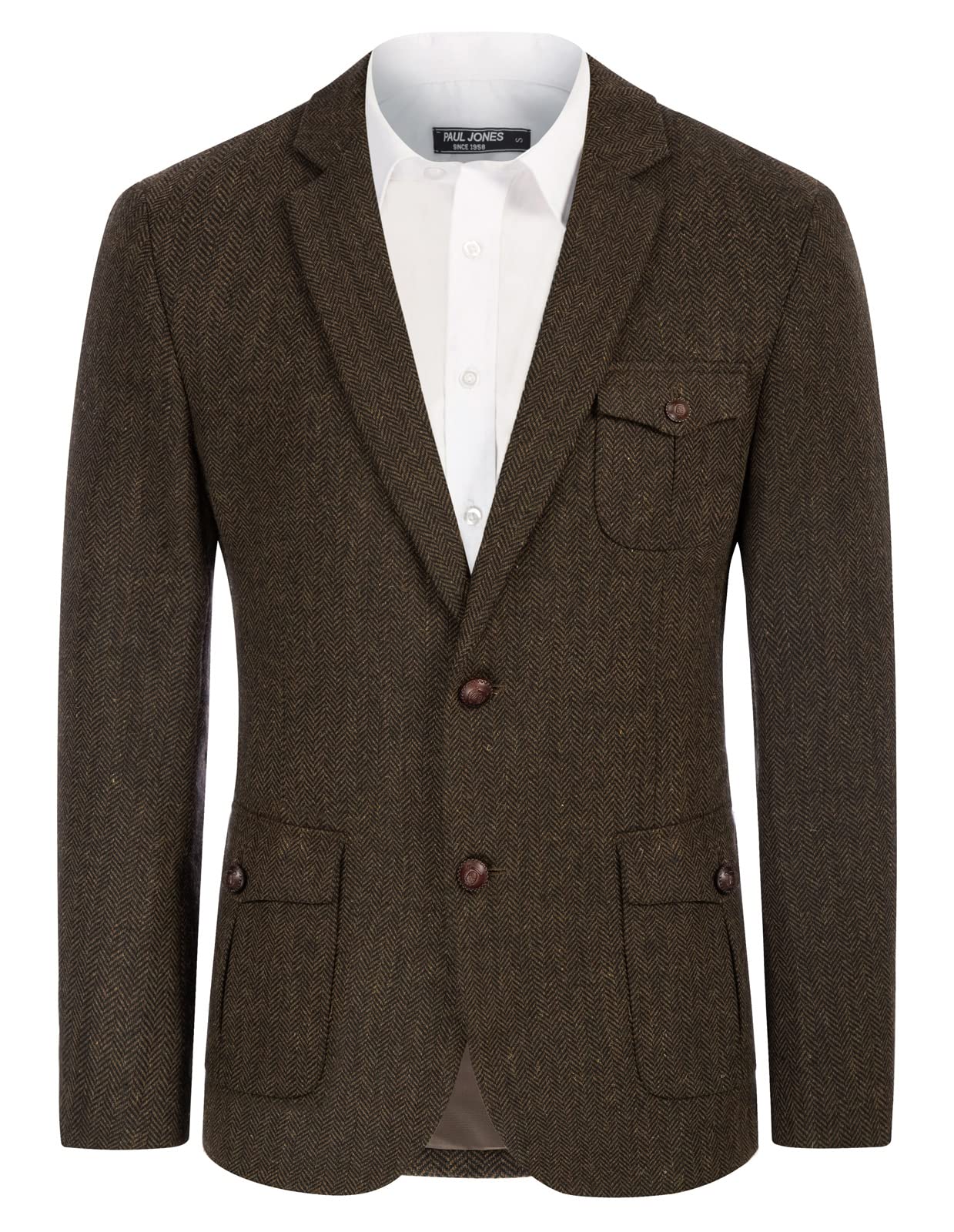 PJ PAUL JONES Herren-Blazer, Fischgräten-Tweed, Sakko, zwei Knöpfe, Wollmischung