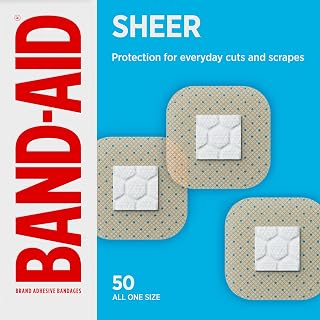 BAND-AID Brand Sheer Spot Square Adhesive Bandages, All One Size, 50 Count | Lightweight Protection, Discreet Sterile Wound Care for Minor Cuts & Scrapes, Small Spot Bandages, First Aid Kit Essential
