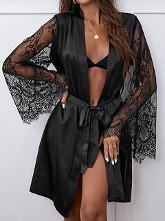 Ladies Satin Dressing Gown Long Sleeve Sheer Edge Lace Belted Sleeves Nightwear Soft Dressing Gown Silky Wrap